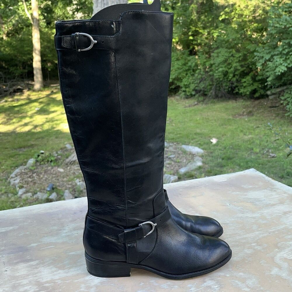 Lauren Ralph Lauren Margarite Black Leather Knee High Riding Boots 8B Buckle Zip